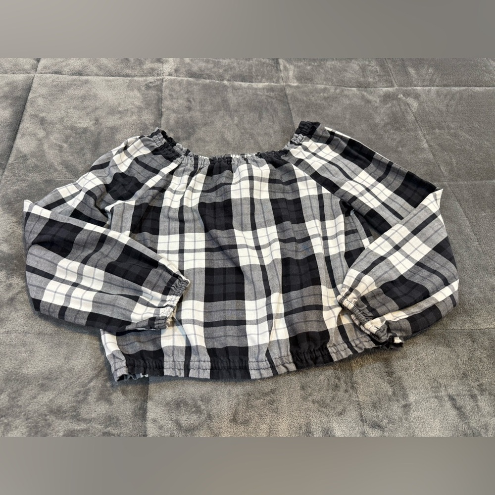 PLACE Girl Black & White Plaid Elastic Hem Top Size 10/12